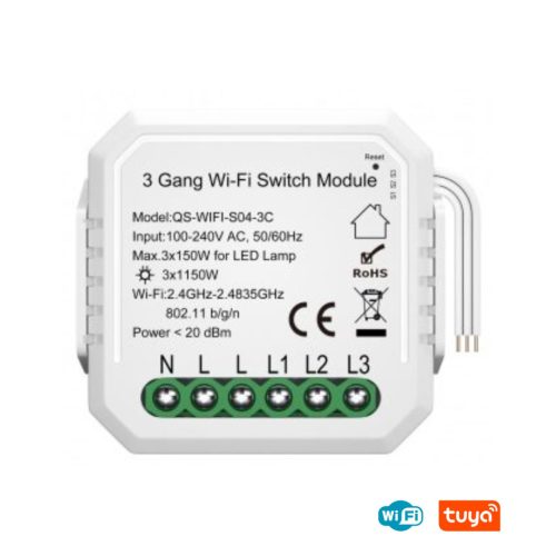 SMARTZILLA Tuya WIFI kapcsoló mögé rejthető 3 csatornás kapcsoló okosító (N)