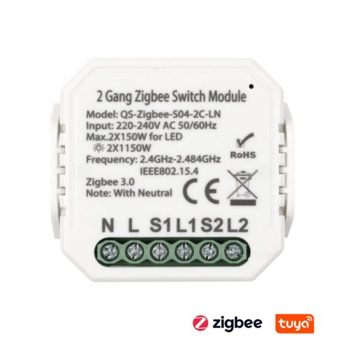 SMARTZILLA Tuya Zigbee kapcsoló mögé rejthető 2 csatornás kapcsoló okosító